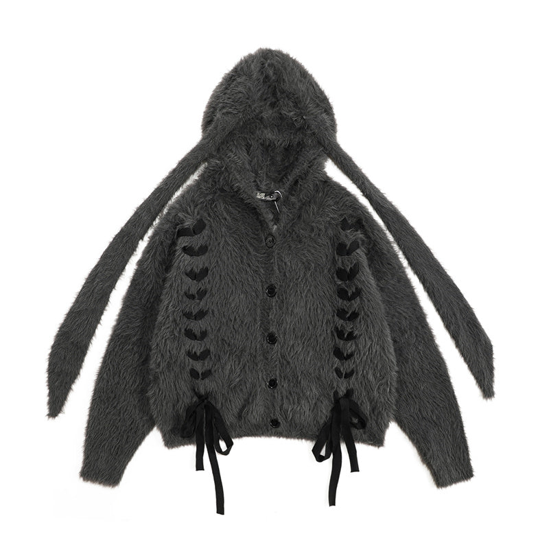 BTSG Plush Mink Fur Drawstring Ear Embellishment Sweater Hoodie