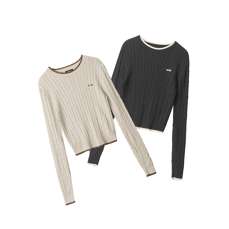 Nariele Embroidery Crew Neck Top Striped Long Sleeve Slim Knit Sweater