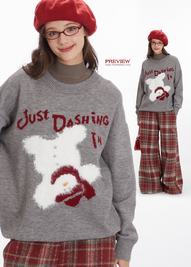 Nariele letter Bear cartoon round neck pullover loose knit sweater