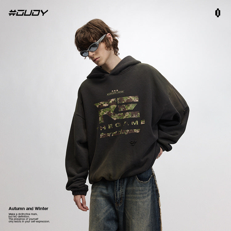 #OVDY Vintage Distressed Wash Handmade Cut Heavy Fleece Hoodie