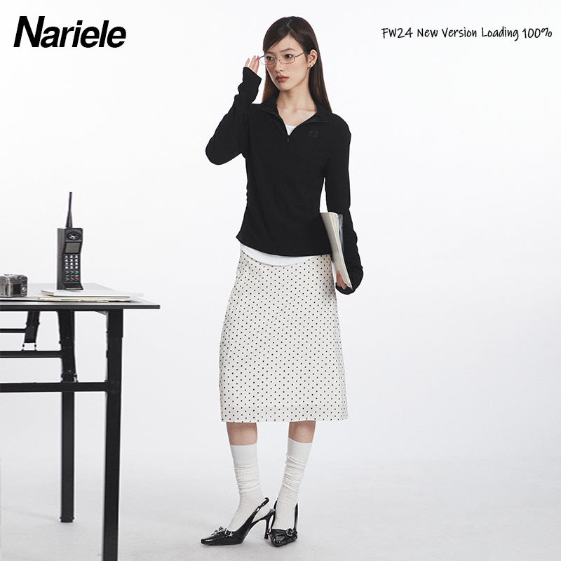 Nariele Fake Two-Piece Stand Collar Long Sleeve T-Shirt  Slim Zipper Top