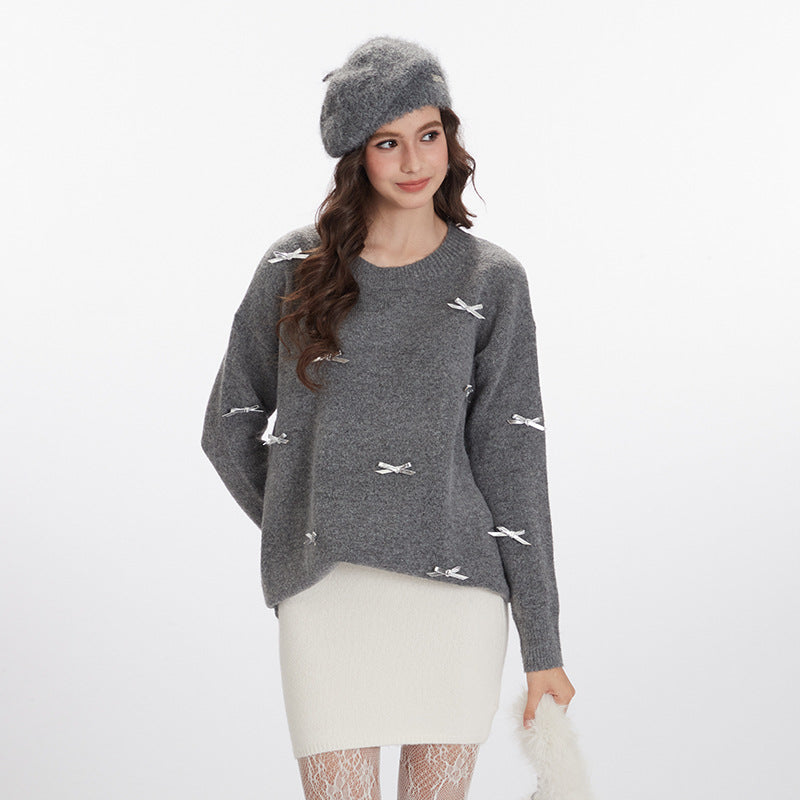 Nariele Sweet style round neck pullover knit loose  retro sweater