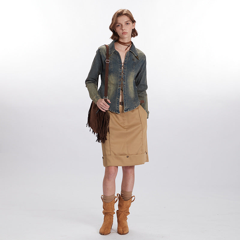 Nariele retro design denim Jacket cow-boy style top long sleeve short jacket