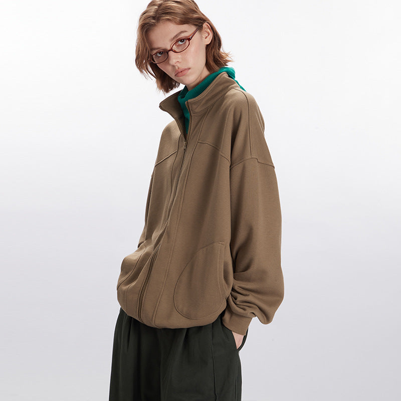 Nariele Unisex Loose Stand Collar Solid Color Retro Sweatshirt Casual Classic Zip Jacket