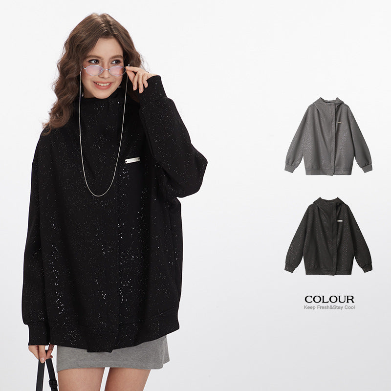 Nariele Shimmer metal label loose sweatshirt Snow Fleck Zipper Jacket