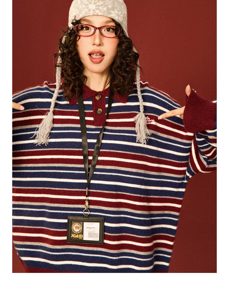 Mershier American Vintage Polo Neck Striped Knit Sweater