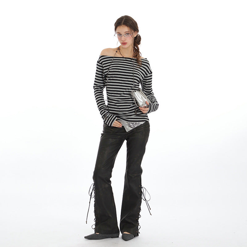 Nariele Striped Long Sleeve T-Shirt Slim Top Off Shoulders Cropped Top