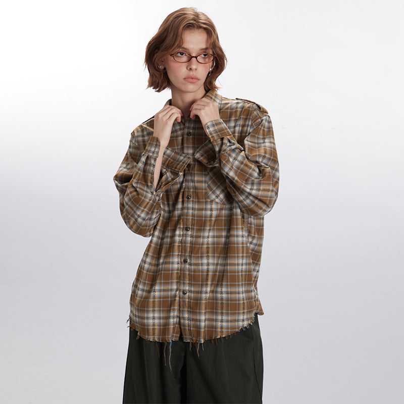 Nariele Plaid Shirt Long Sleeve Niche Design Unisex Shirt with Edges Loose Retro Top