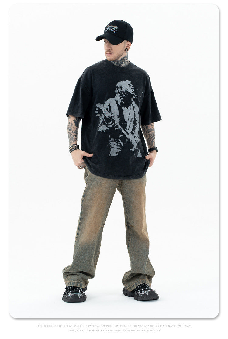 تي شيرت SUP أمريكي ثقيل الوزن ريترو روك جيتار مطبوع بأكمام قصيرة