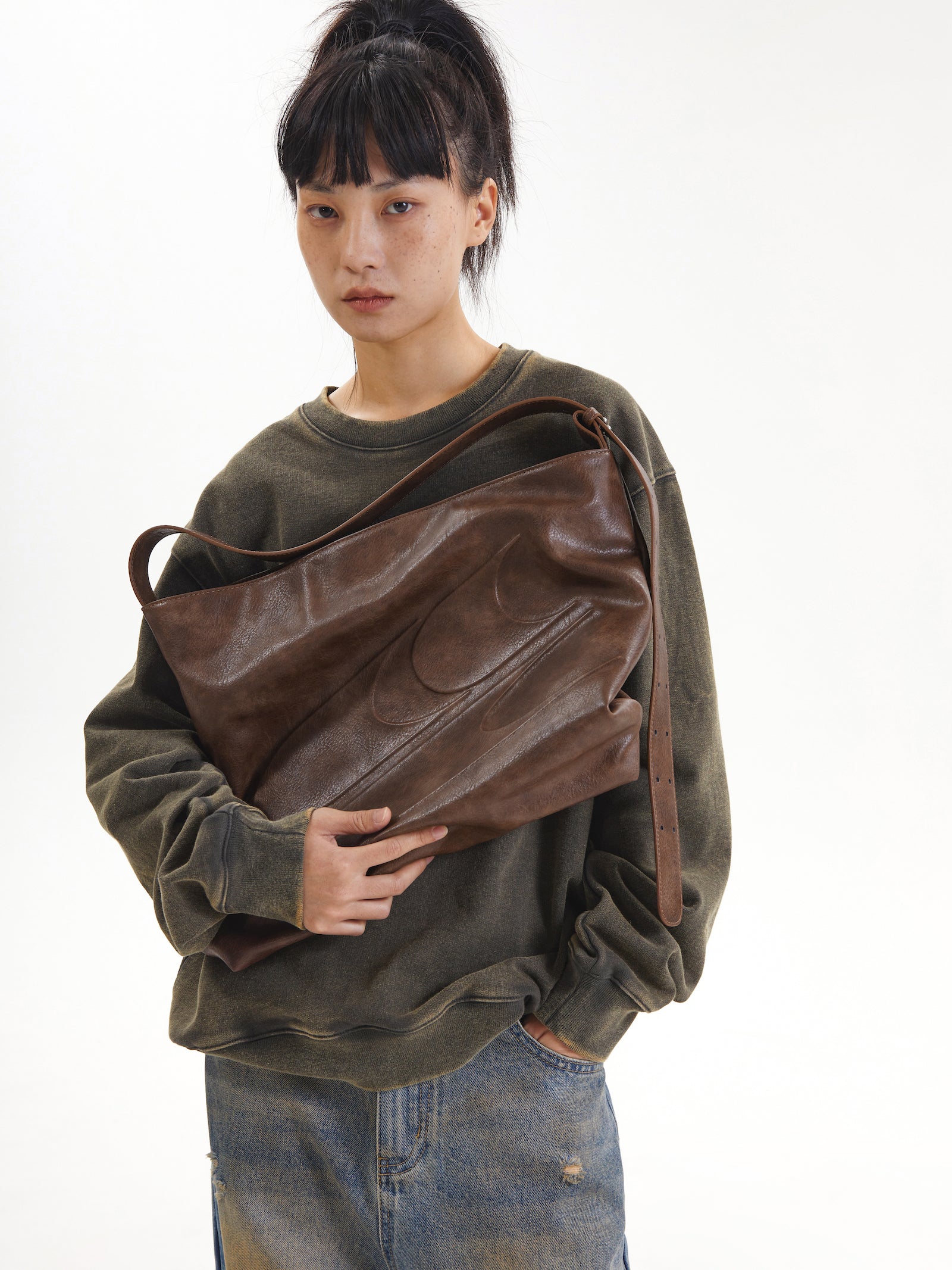 CryingCenter Black Oil Wax Large Capacity Crossbody Leather Bag