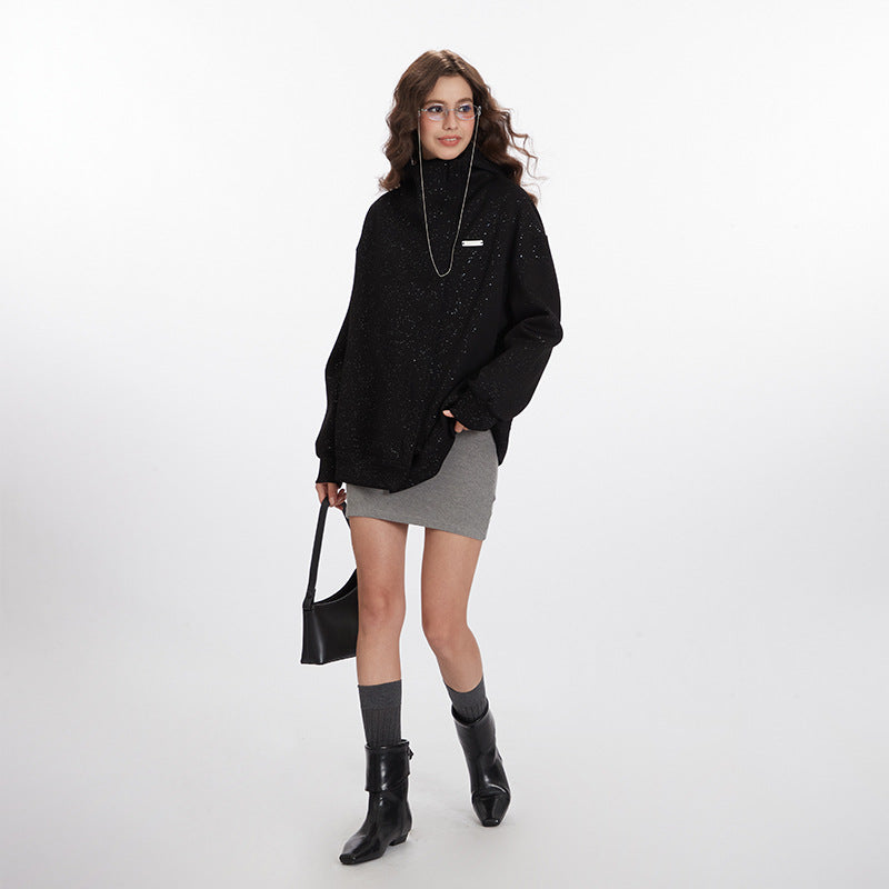 Nariele Shimmer metal label loose sweatshirt Snow Fleck Zipper Jacket
