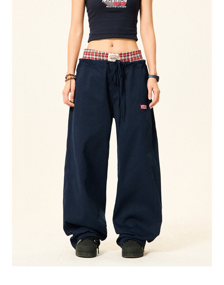 Mershier American retro plaid stitching fake two-piece pants