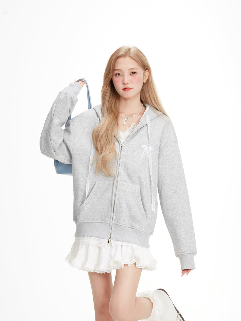 NERESUM lace stitching fake two-piece fleece zipper hoodie lazy style sweet cool design jacket