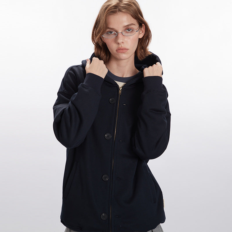 Nariele Retro Style Button Zipper Sweatshirt Loose Unisex Hoodie Jacket
