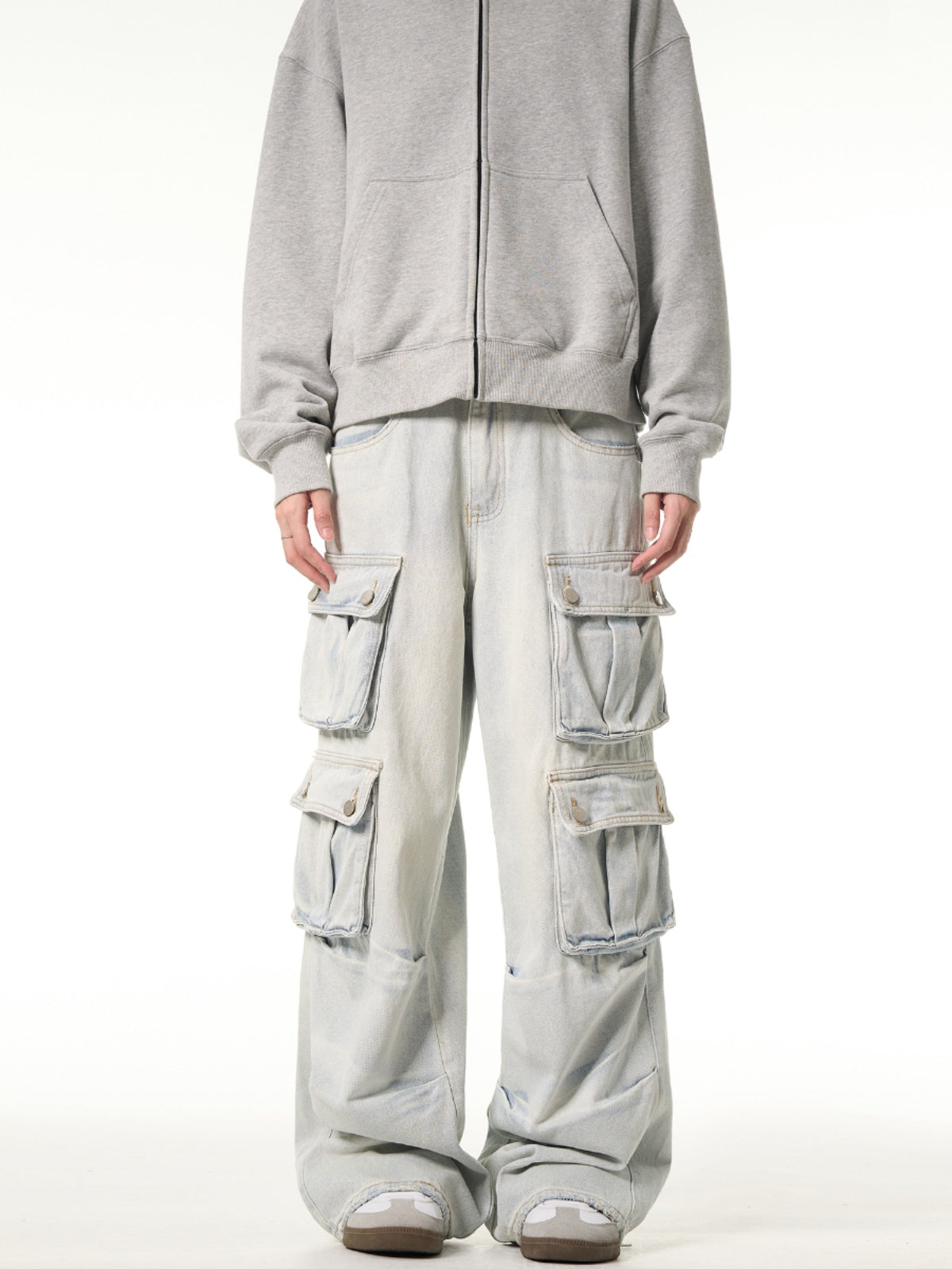 MADWITCH Washed Light Cargo Jeans Loose Multi-pocket Design Pants