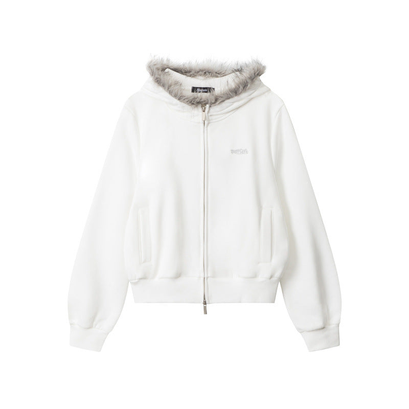 Nariele Fur Hood Embroidery Design Short Sweatshirt Zipper Hoodie