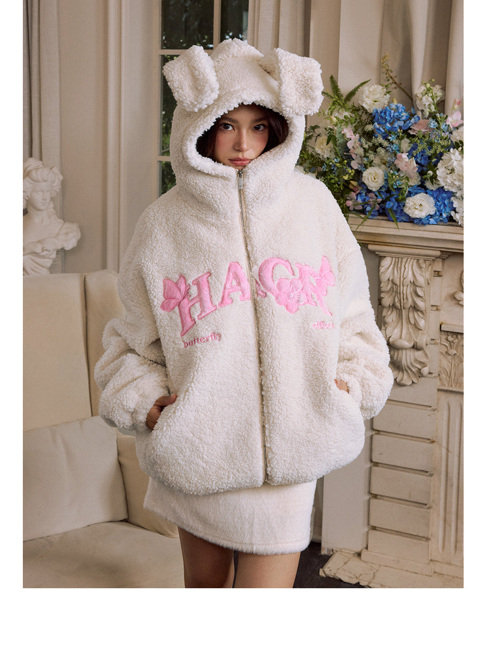 Harshandcruel Plush Ears Butterfly Floral Patch Embroidered Lambswool Hoodie