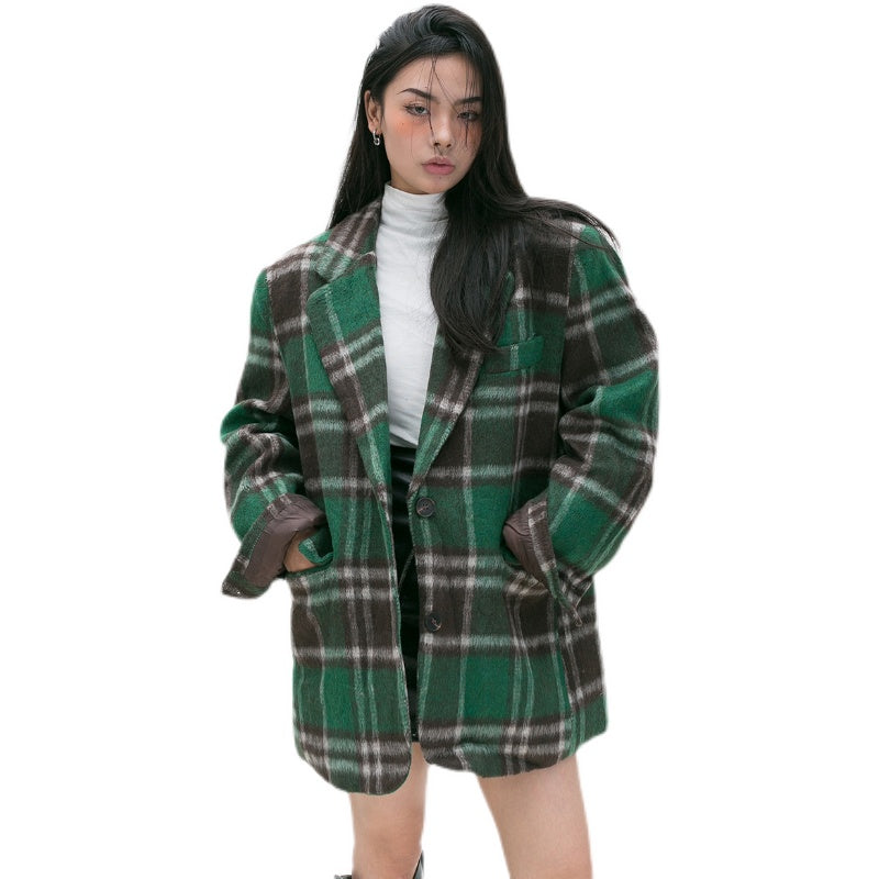BLACKBB Loose Vintage Green Check Tweed Blazer Coat