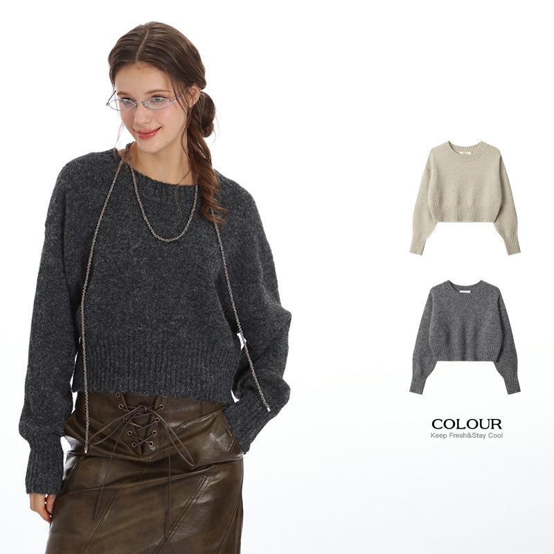 Nariele pullover Solid cropped  Top round neck long sleeve top sweater