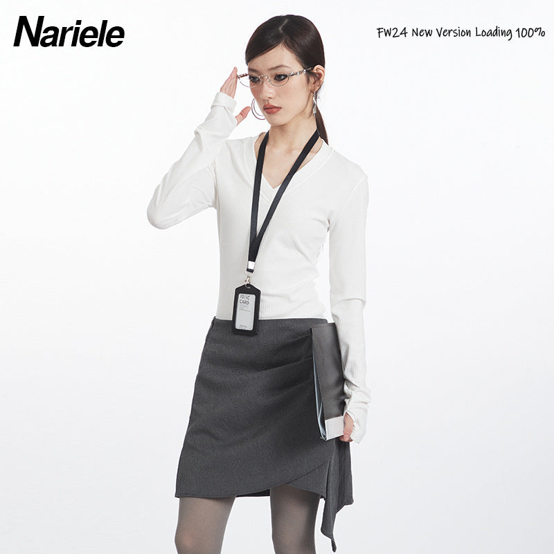 Nariele Deep V Neck Long Sleeve T-Shirt Slim Solid Top