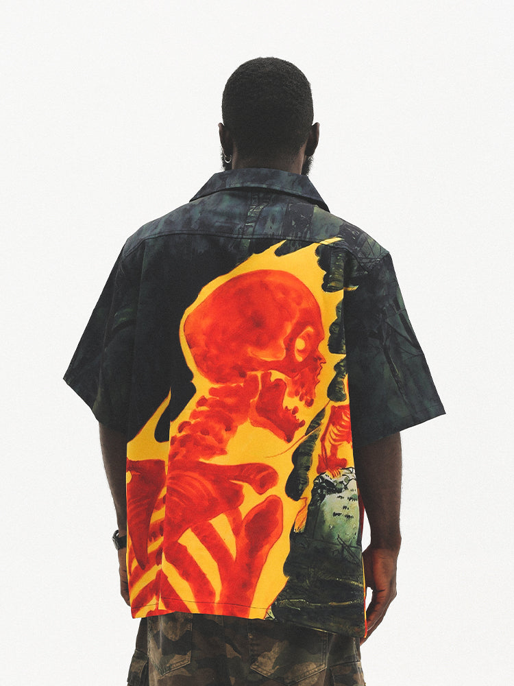 UNTILWERICH Cuban Collar Skull Shirt