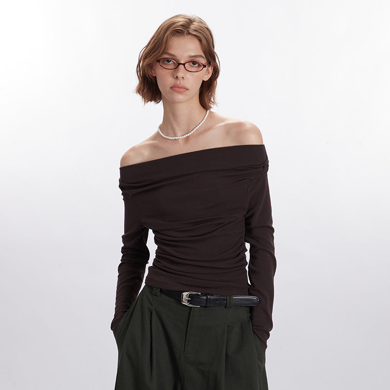 Nariele Wide Neck Long Sleeve T-Shirt Women's Irregular Cropped Babes Top