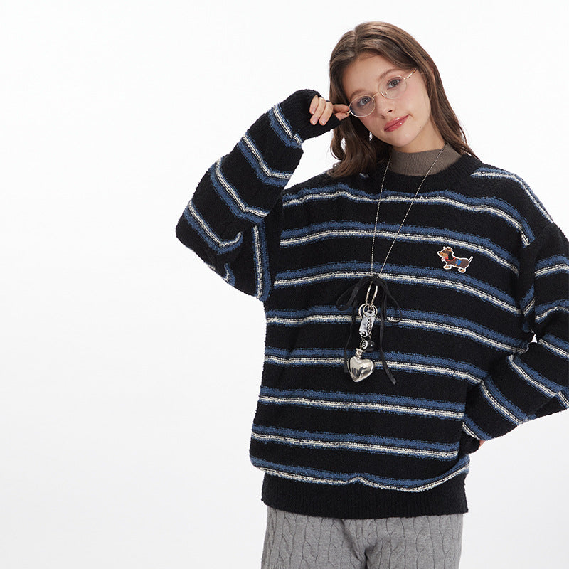 Nariele Retro Striped Crew Neck Sweater Loose Puppy Patchwork Knitwear