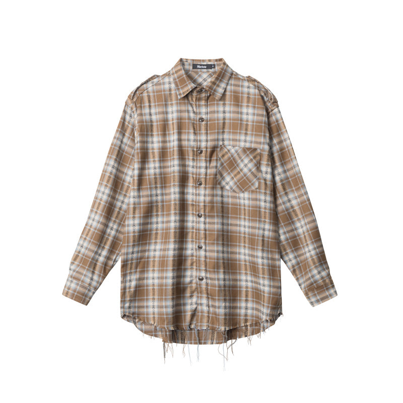 Nariele Plaid Shirt Long Sleeve Niche Design Unisex Shirt with Edges Loose Retro Top