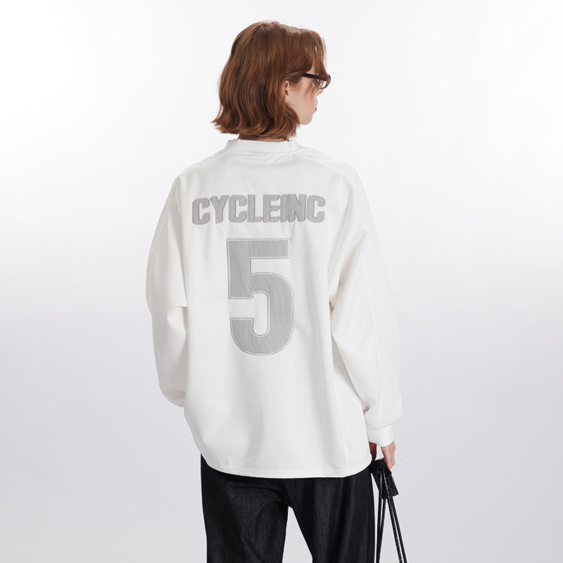 Nariele Unisex American Retro V Neck Sports letter print top long sleeve Pullover Sweatshirt