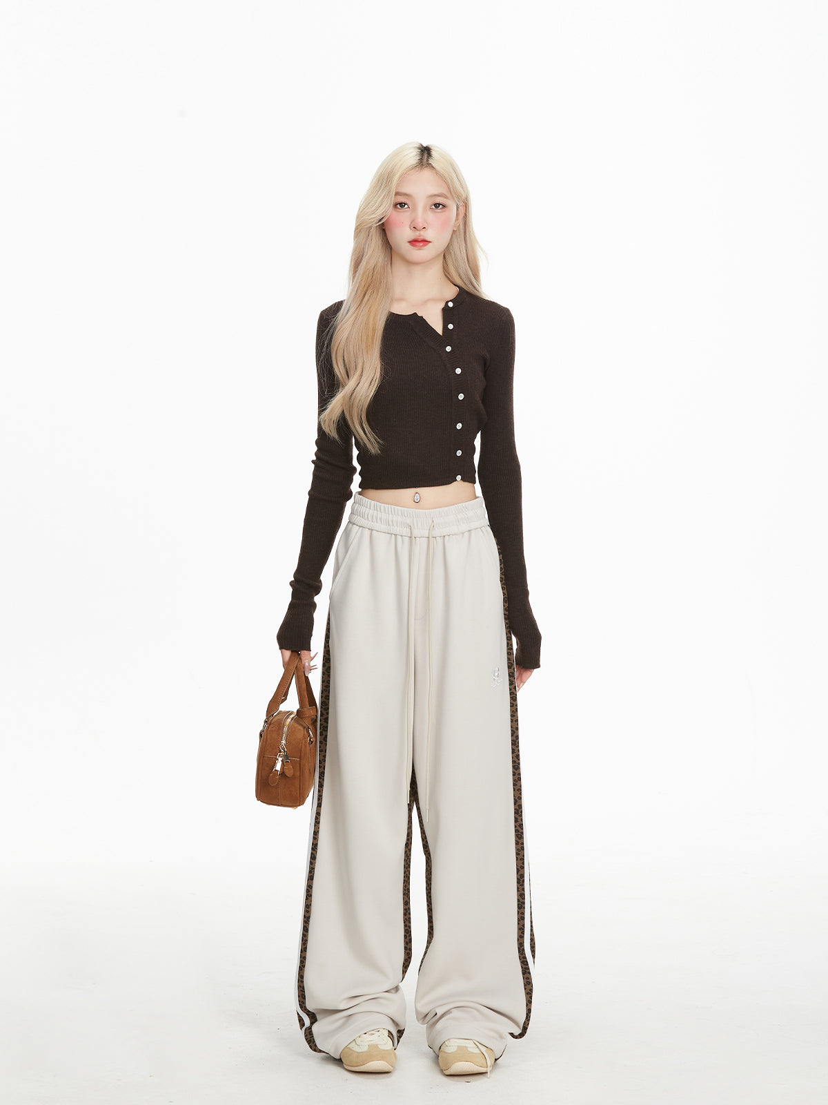 NERESUM leopard print sweatpants American retro hip hop loose striped sports straight-leg Sweatpants