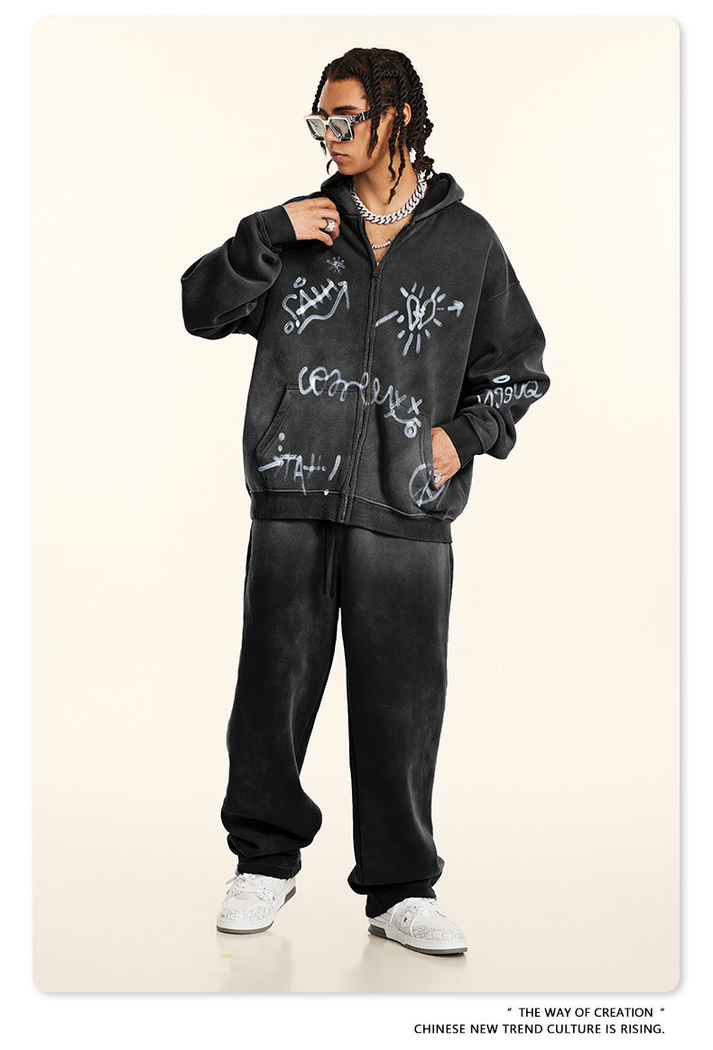 BE Winter Graffiti Hand-Painted On Zipper Hoodie