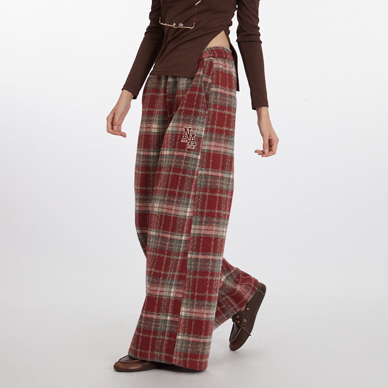 Nariele High Waist Casual Pants Casual Plaid Trendy Loose Wide Leg Pants
