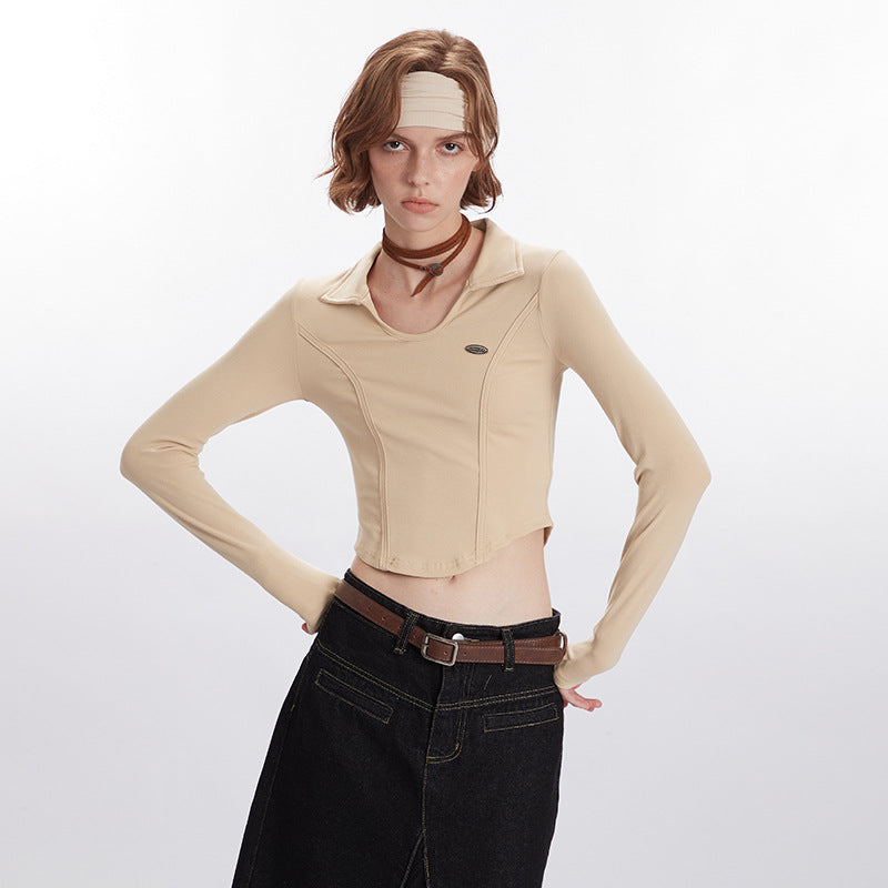 Nariele Long Sleeve T-Shirt Women's Fall New Polo Slim Curved Babes Crop Top