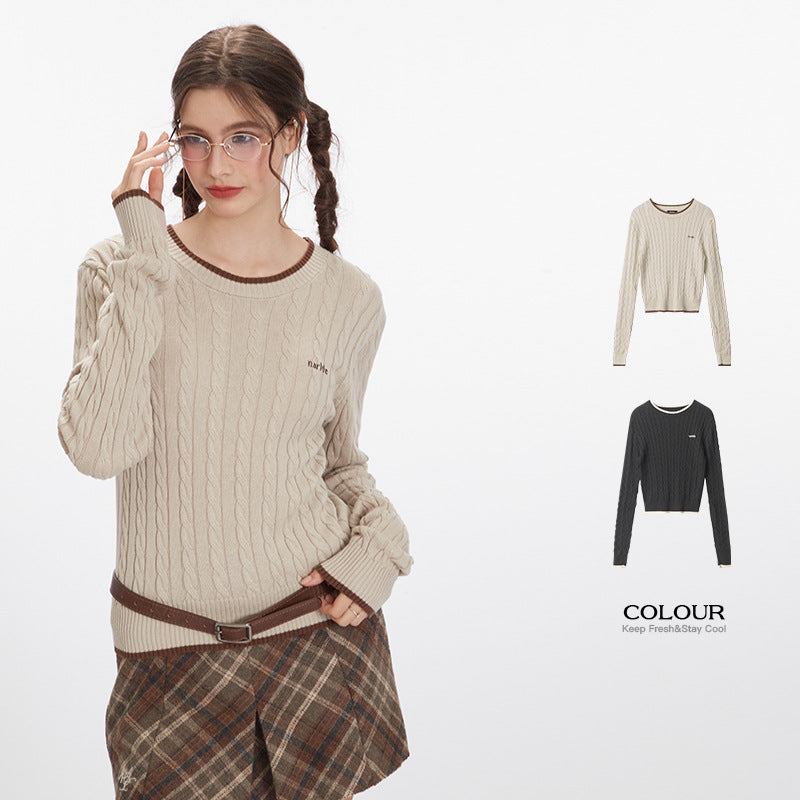 Nariele Embroidery Crew Neck Top Striped Long Sleeve Slim Knit Sweater