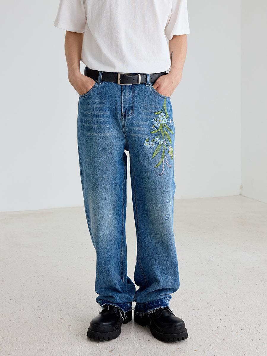 Harshandcruel Cleanfit floral-embroidered wash dehemed jeans