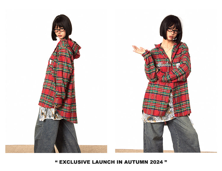 BLACKBB Vintage Embroidered Patch Shirt Red Plaid Raw Top