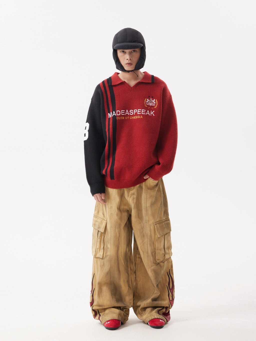 BTSG Leather Flame Embroidery wide-leg dirty jeans