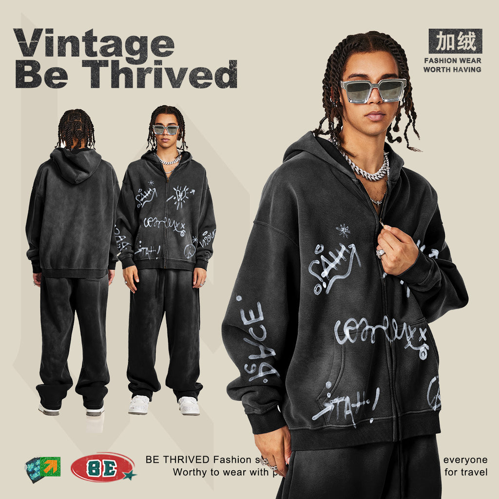 BE Winter Graffiti Hand-Painted On Zipper Hoodie