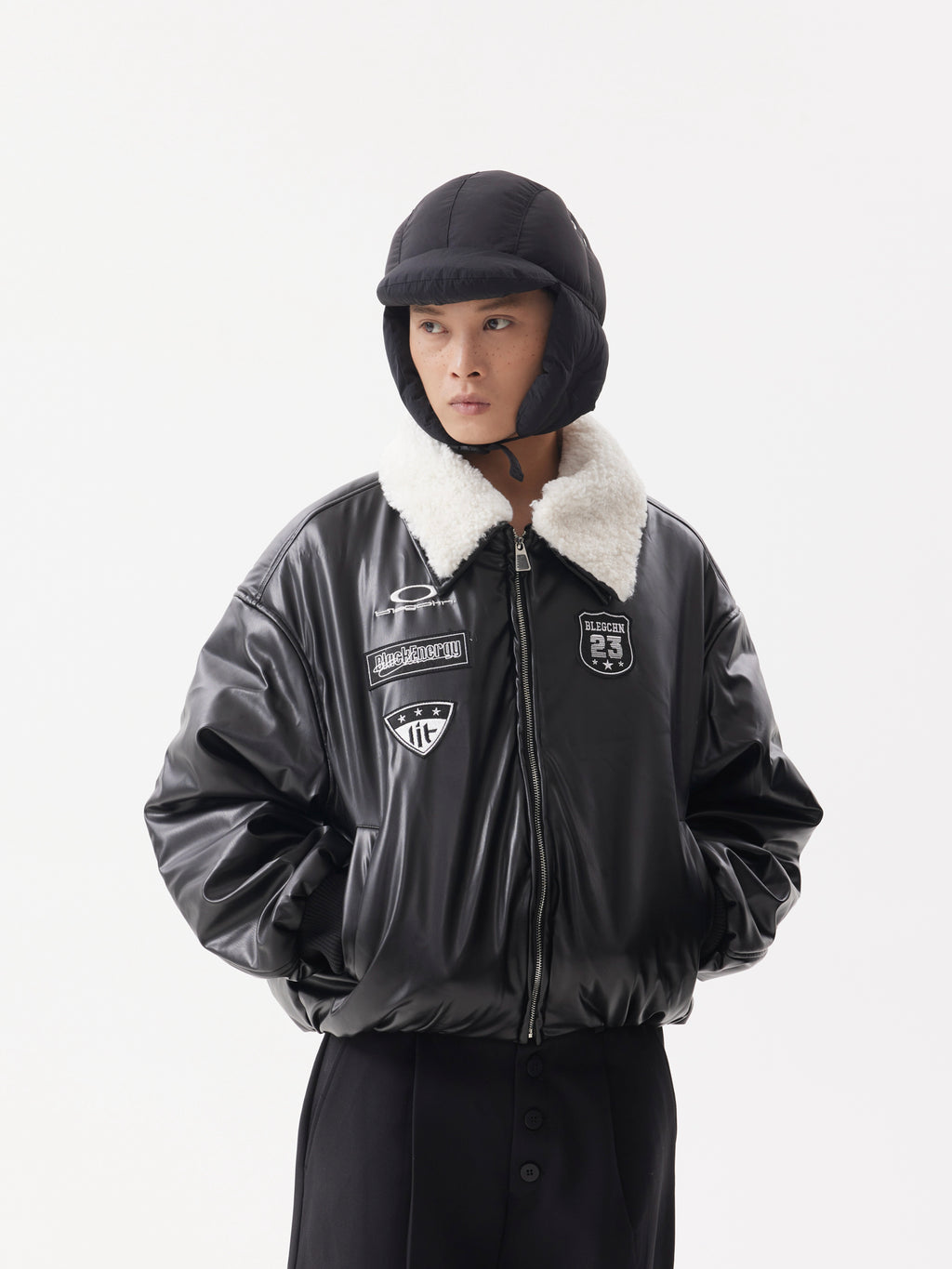 BTSG Leather Fur Collar Stitched Badges Padded Jacket