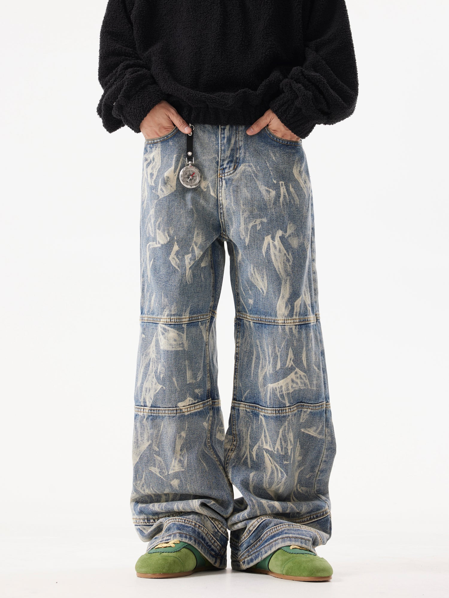 BTSG American Retro Washed Stitched Structure Jeans, Street Hip-Hop Ruffian
