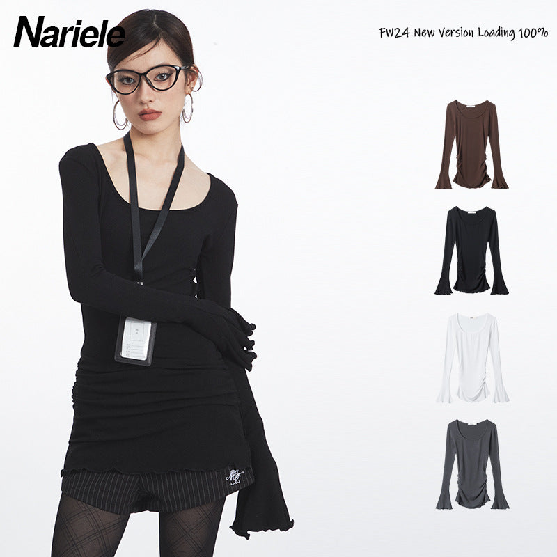 Nariele Thin Ruffle Design Bell Sleeve Sweet Babes Irregular Slim Long Sleeve Top
