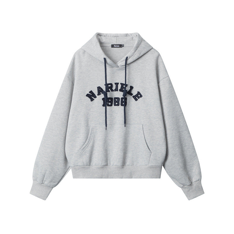 Nariele Retro Style Lettered Embroidered Hoodie Sweatshirt Loose New Casual Top