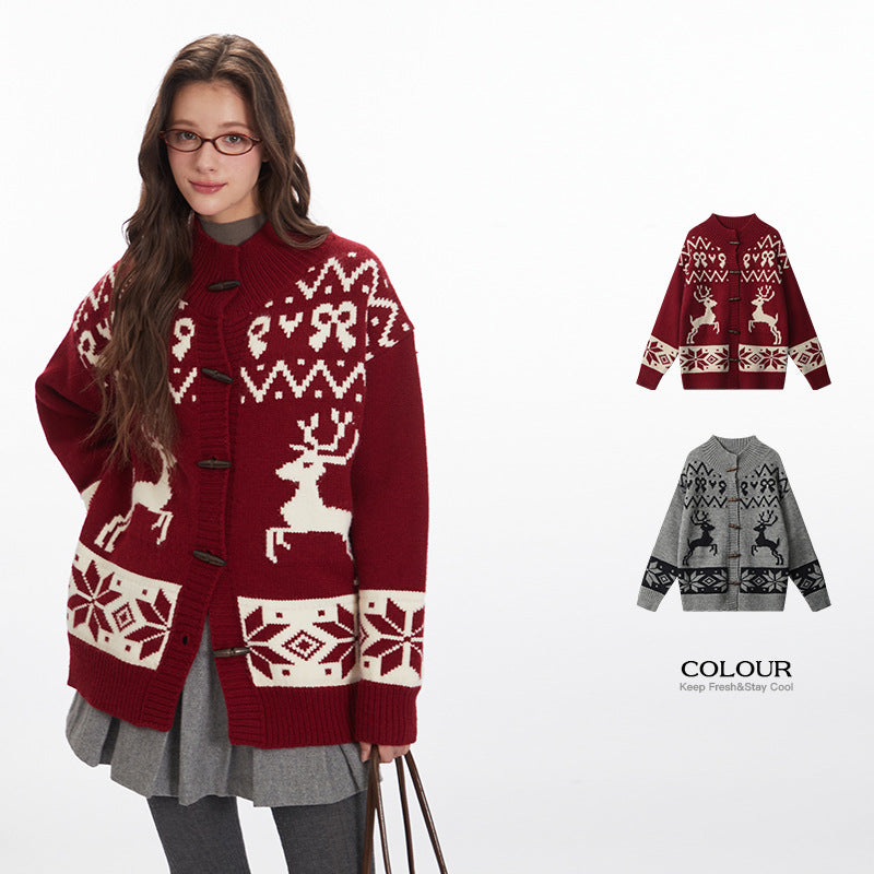 Nariele Christmas cardigan winter lazy loose knit buckle vintage sweater
