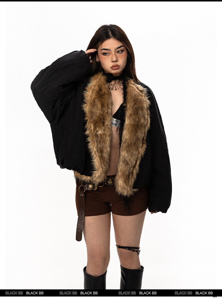 سترة BLACKBB بياقة فرو واسعة من القطن