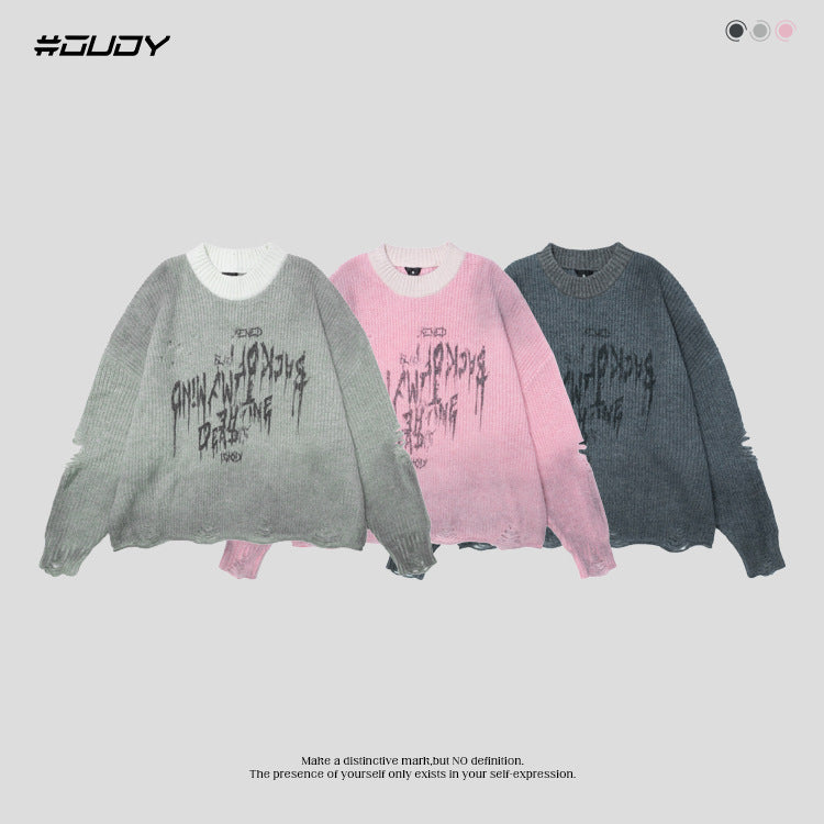 #OVDY street wear hollow ripped design round neck knitwear loose sweater