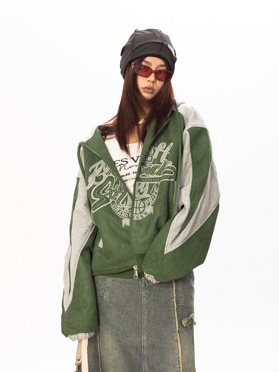 سترة BLACKBB من جلد الغزال المرقعة بغطاء للرأس ومطبوعة بسحاب