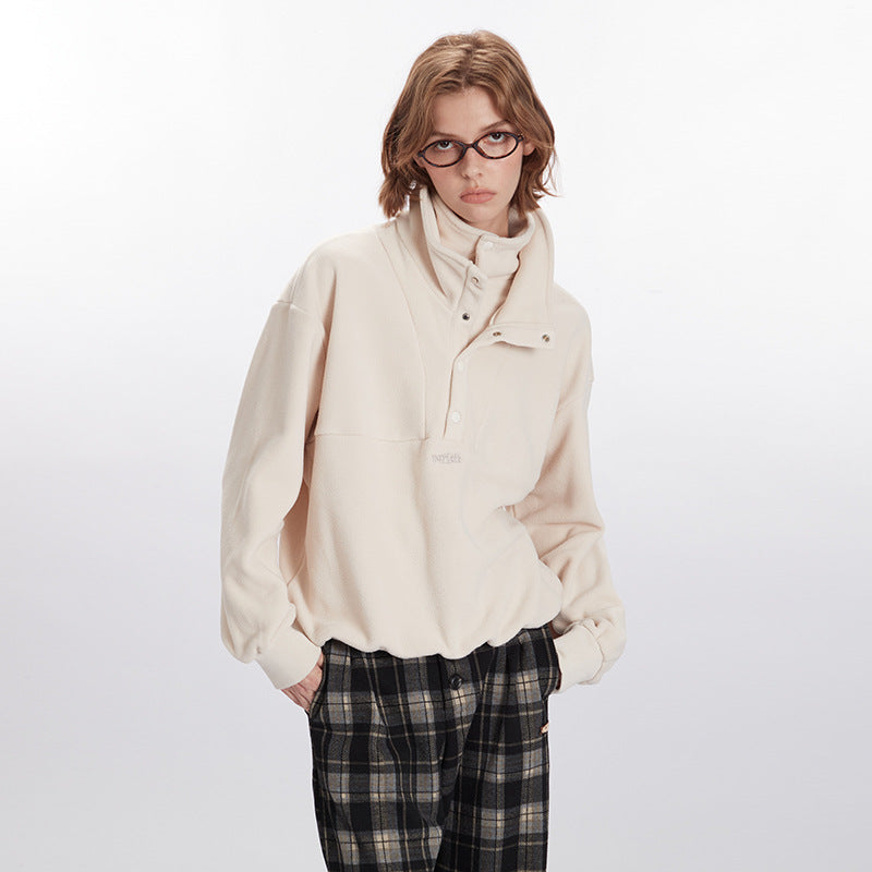 Nariele Double Collar Design Fall Winter Lazy Cardigan Sweatshirt Puffy Fleece Casual Top