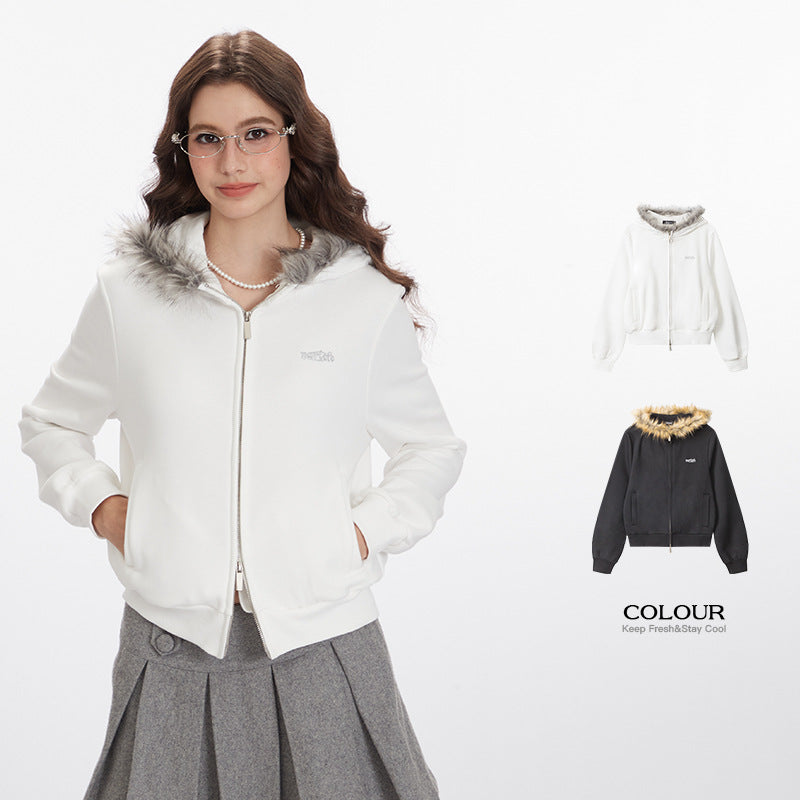 Nariele Fur Hood Embroidery Design Short Sweatshirt Zipper Hoodie