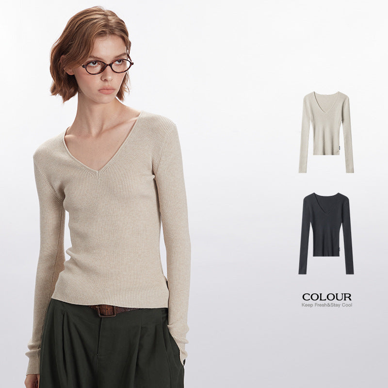 Nariele Slim Waist Long-sleeved Sweater V-Neck Knitwear