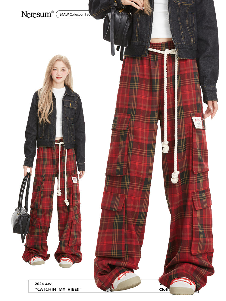 NERESUM Pant Retro Lazy Plaid Pants Trendy Design Casual Straight Cargo Pockets Pants